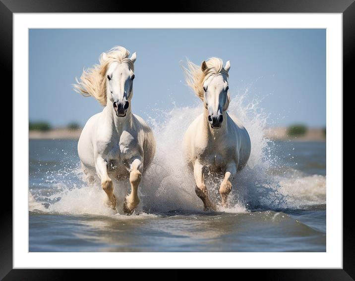 Camargue Horses Running In Water Framed Mounted Print by Steve Smith