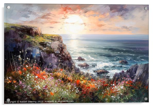 Sea cliffs and wildflowers at sunset 1 Acrylic by Robert Deering