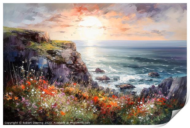 Sea cliffs and wildflowers at sunset 1 Print by Robert Deering