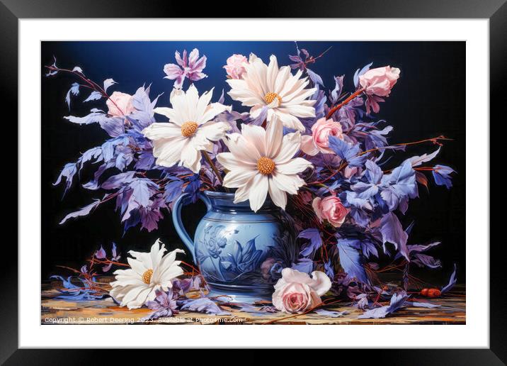 Beautiful White Pyrethrums and Pink Roses Framed Mounted Print by Robert Deering