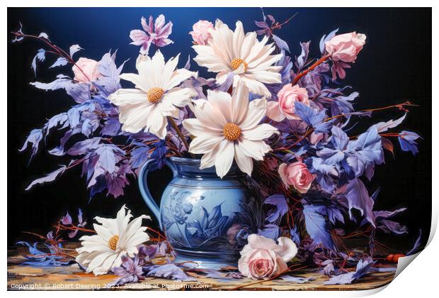 Beautiful White Pyrethrums and Pink Roses Print by Robert Deering