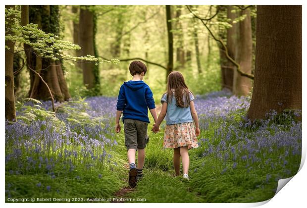 Young Love In Bluebell Woods Print by Robert Deering