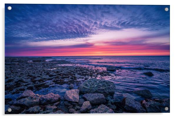 Tranquil Sunset Reflection on Rocky Shore Acrylic by Jonny Gios