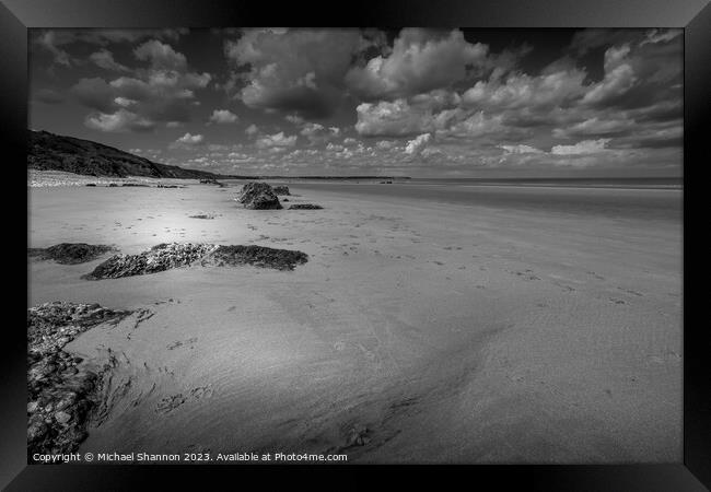 Speeton Sands, Filey Bay, Low tide (Black and Whit Framed Print by Michael Shannon