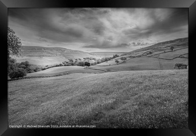 Serene Beauty of Swaledale's Monochrome Landscape Framed Print by Michael Shannon