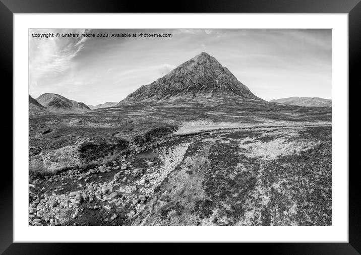 Buachaille Etive Mor and River Coupall monochrome Framed Mounted Print by Graham Moore