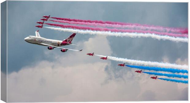 Red Arrows and Virgin 747 Canvas Print by J Biggadike