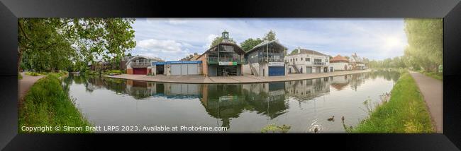Panoramic River Cam in Cambridge with boat houses Framed Print by Simon Bratt LRPS