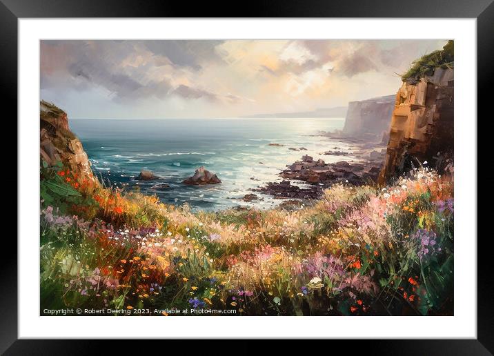Sea cliffs and wildflowers at sunset 1 Framed Mounted Print by Robert Deering