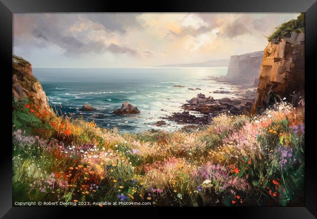 Sea cliffs and wildflowers at sunset 1 Framed Print by Robert Deering