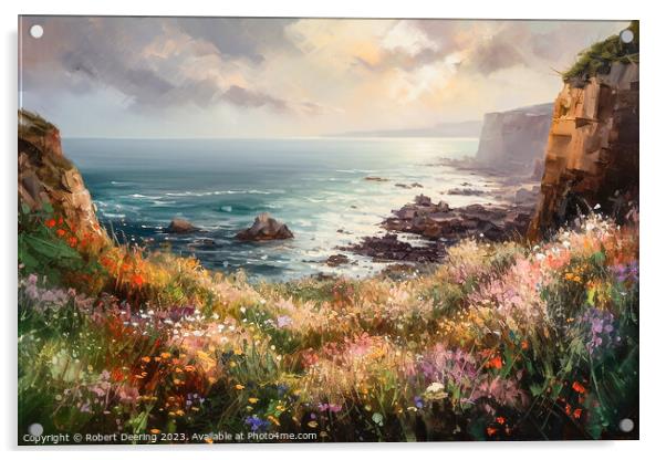 Sea cliffs and wildflowers at sunset 1 Acrylic by Robert Deering