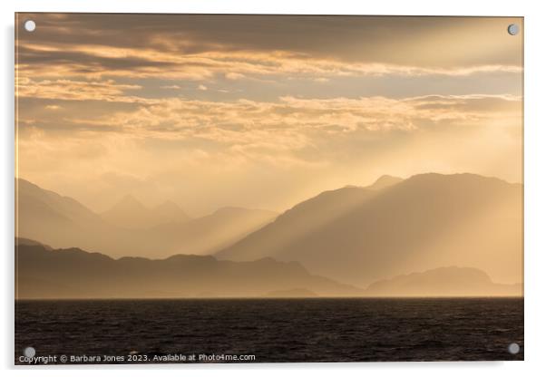 Knoydart Sunrise and Sunbeams, Skye Scotland. Acrylic by Barbara Jones