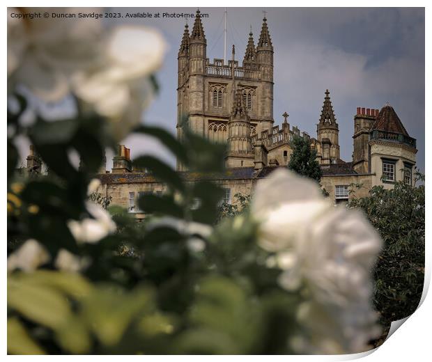 Bath Abbey framed by white roses Print by Duncan Savidge