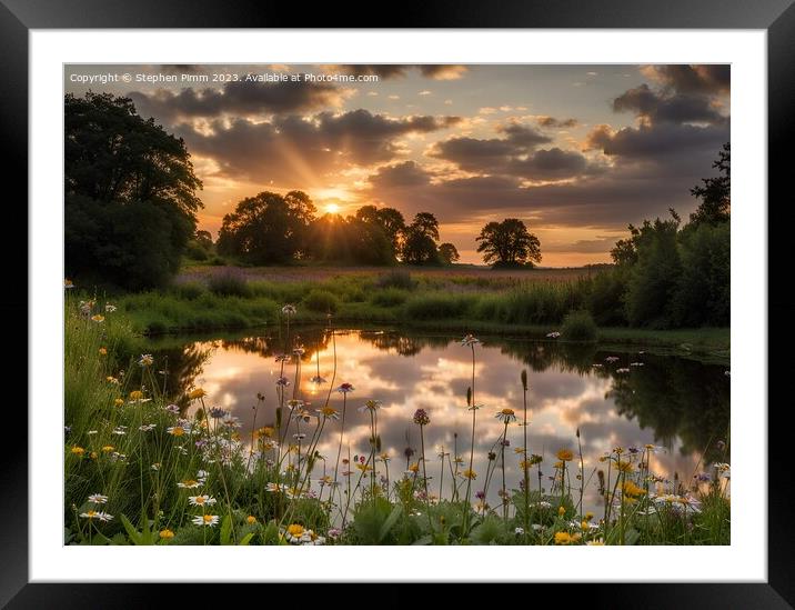 Wildflower Meadow Sunset Reflection Framed Mounted Print by Stephen Pimm