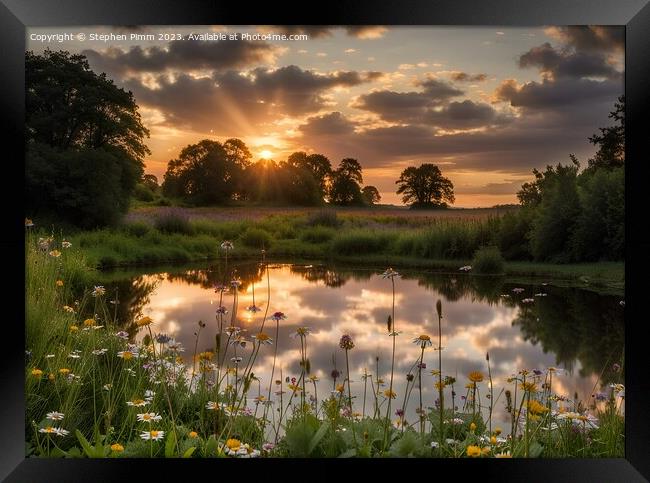 Wildflower Meadow Sunset Reflection Framed Print by Stephen Pimm