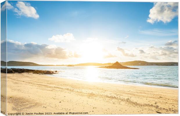 Sunset over Bryher, from Tresco, Isles of Scilly Canvas Print by Justin Foulkes