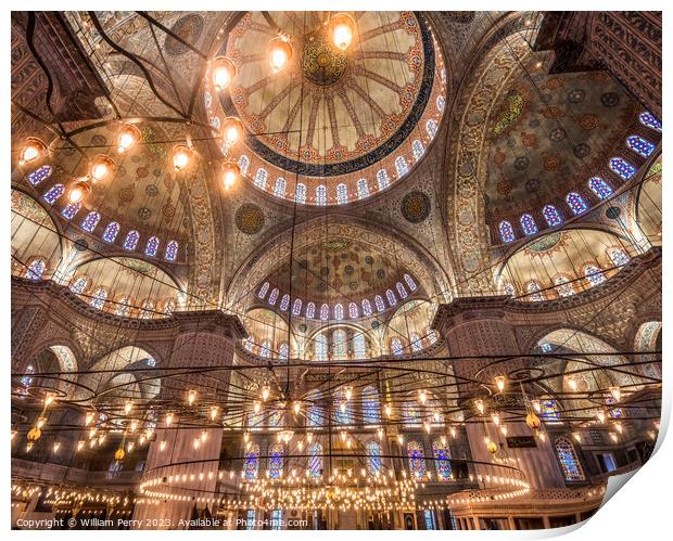 Blue Mosque Lights Basilica Domes Stained Glass Istanbul Turkey Print by William Perry