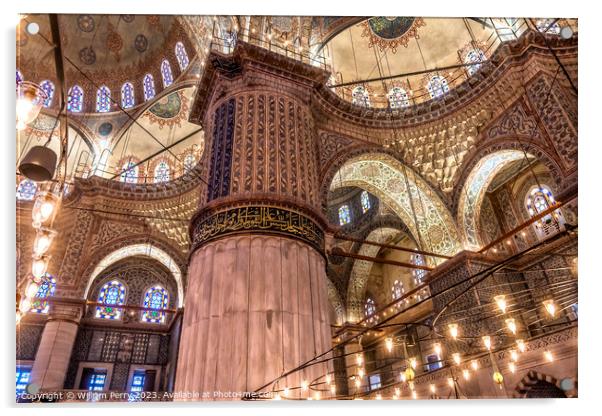 Blue Mosque Pillar Lights Basilica Domes Stained Glass Istanbul  Acrylic by William Perry