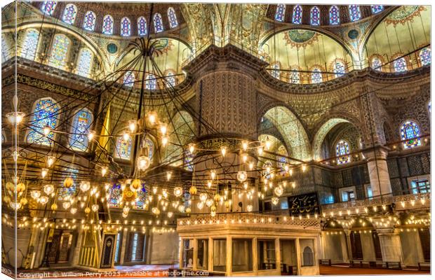 Blue Mosque Minbar Mihrab Lights Basilica Domes Istanbul Turkey Canvas Print by William Perry