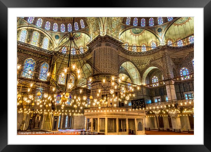 Blue Mosque Minbar Mihrab Lights Basilica Domes Istanbul Turkey Framed Mounted Print by William Perry