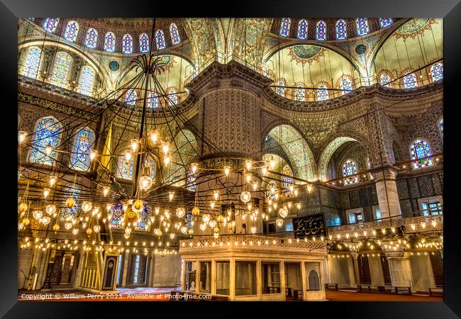 Blue Mosque Minbar Mihrab Lights Basilica Domes Istanbul Turkey Framed Print by William Perry