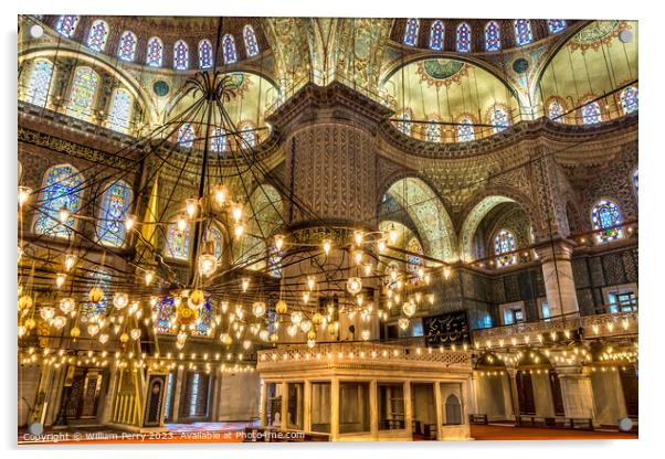 Blue Mosque Minbar Mihrab Lights Basilica Domes Istanbul Turkey Acrylic by William Perry