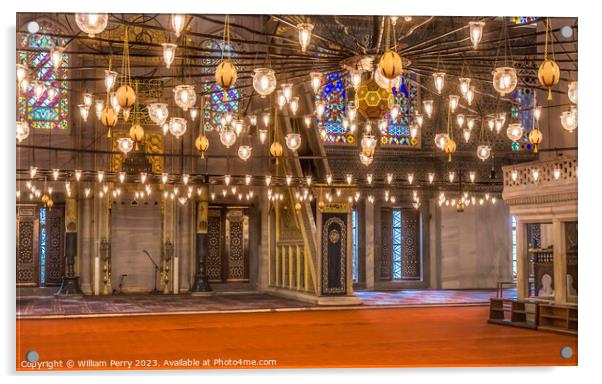 Blue Mosque Minbar Mihrab Lights Basilica Istanbul Turkey Acrylic by William Perry