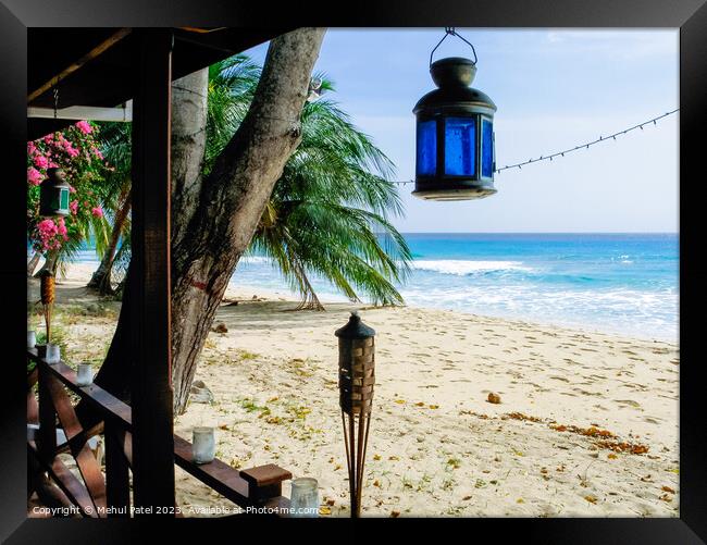 View of beach and Caribbean Sea from patio - Barbados Framed Print by Mehul Patel