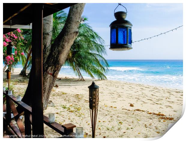 View of beach and Caribbean Sea from patio - Barbados Print by Mehul Patel
