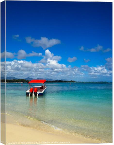 Speedboat moored in shallow waters by Mon Choisy beach Canvas Print by Mehul Patel