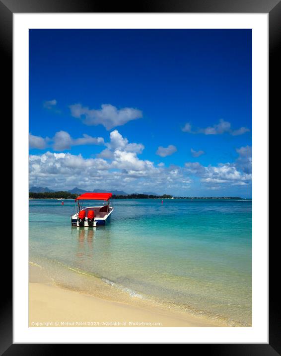Speedboat moored in shallow waters by Mon Choisy beach Framed Mounted Print by Mehul Patel
