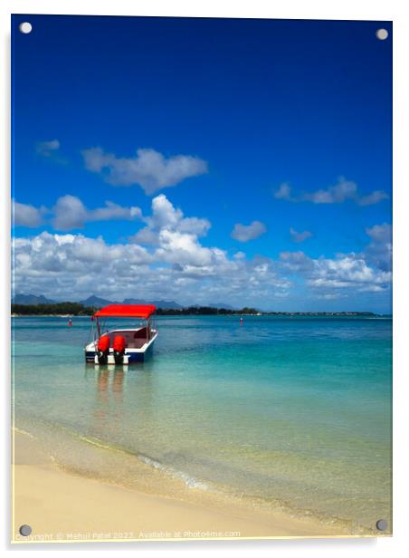 Speedboat moored in shallow waters by Mon Choisy beach Acrylic by Mehul Patel