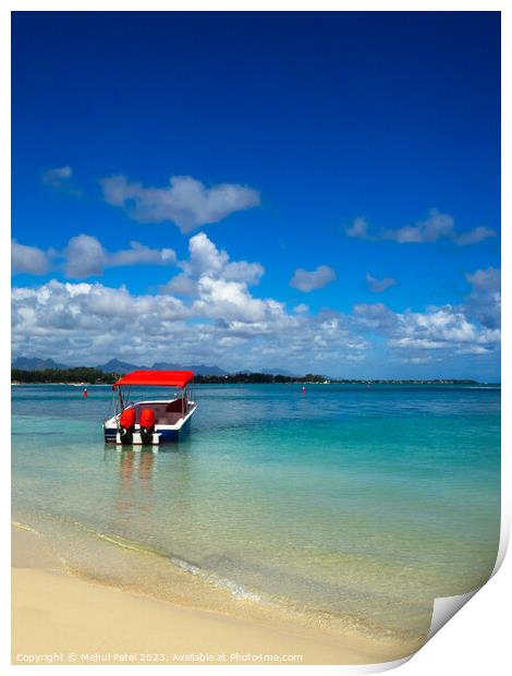 Speedboat moored in shallow waters by Mon Choisy beach Print by Mehul Patel