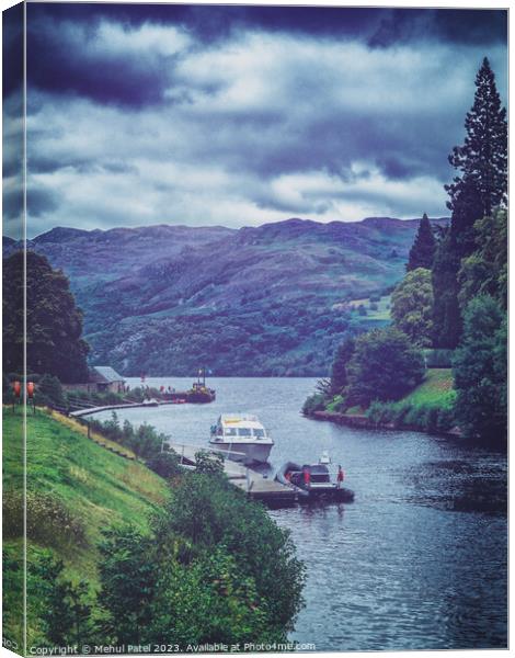Touring boats moored on jetty on canal entering waters of Loch Ness Canvas Print by Mehul Patel
