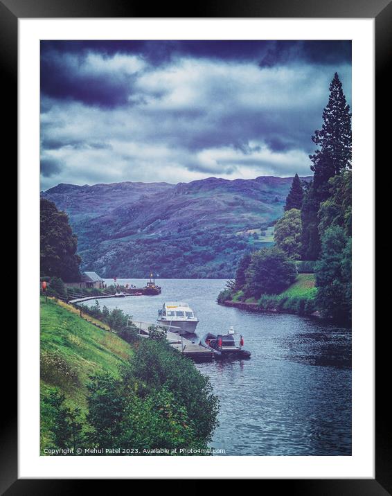 Touring boats moored on jetty on canal entering waters of Loch Ness Framed Mounted Print by Mehul Patel
