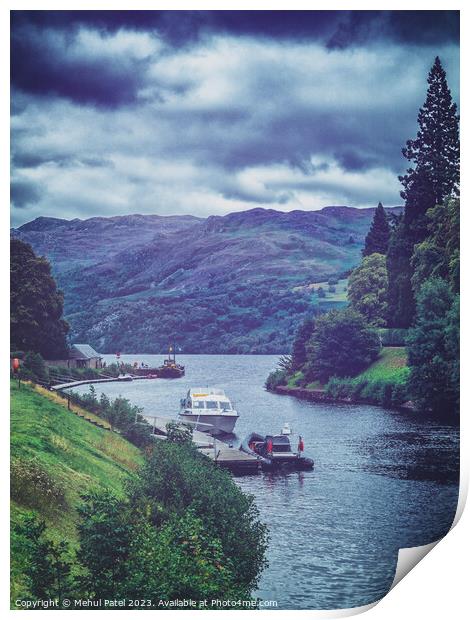 Touring boats moored on jetty on canal entering waters of Loch Ness Print by Mehul Patel