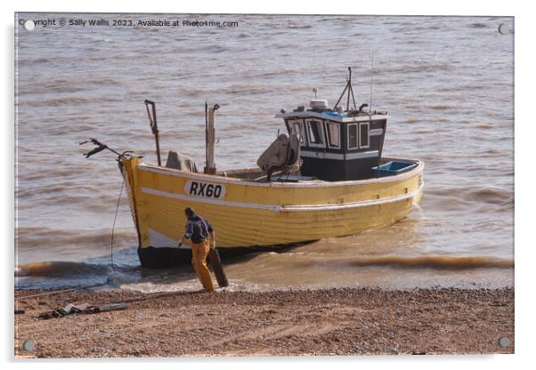Beaching a Hastings fishing boat Acrylic by Sally Wallis