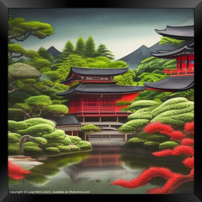 Tranquil Reflections. A Serene Japanese Oasis. AI  Framed Print by Luigi Petro