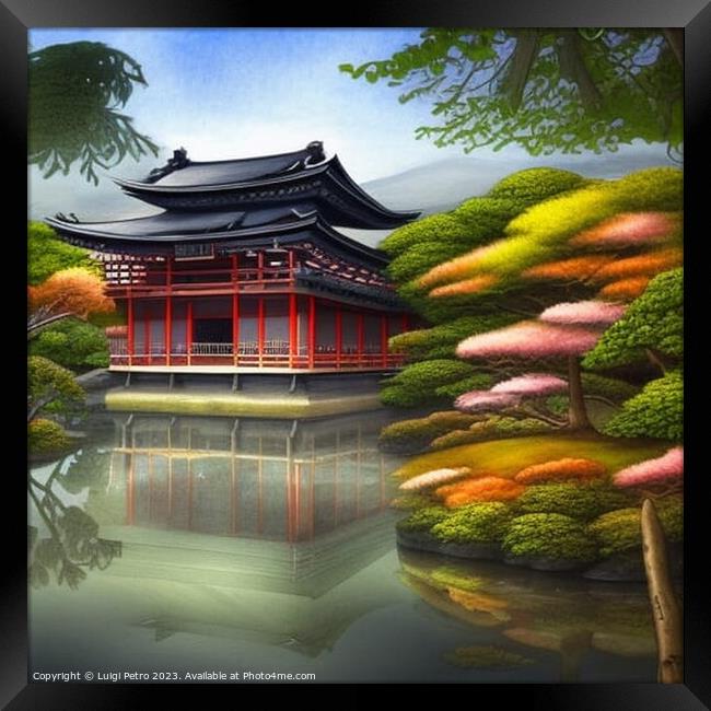 Japanese house reflected in small pond. Framed Print by Luigi Petro