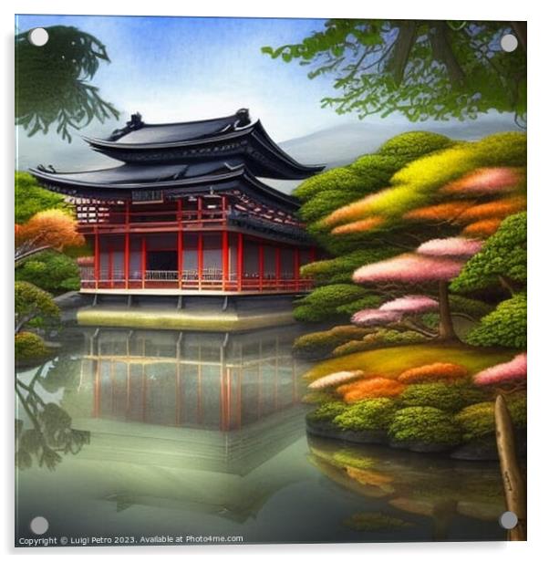 Japanese house reflected in small pond. Acrylic by Luigi Petro