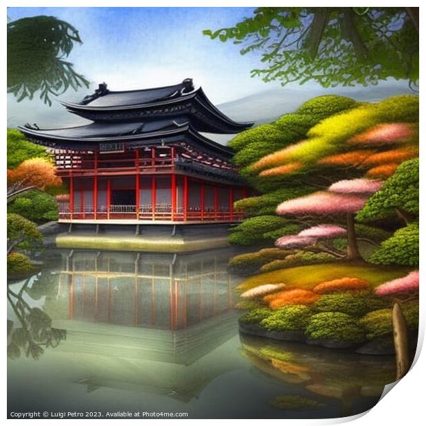Japanese house reflected in small pond. Print by Luigi Petro