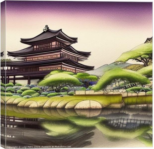 Japanese house reflected in small pond. Canvas Print by Luigi Petro