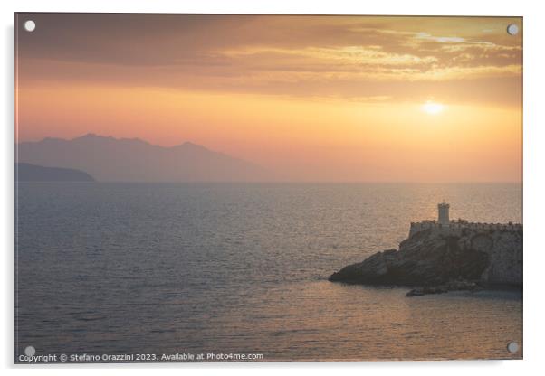 Lighthouse of Piombino at sunset and Elba island. Acrylic by Stefano Orazzini