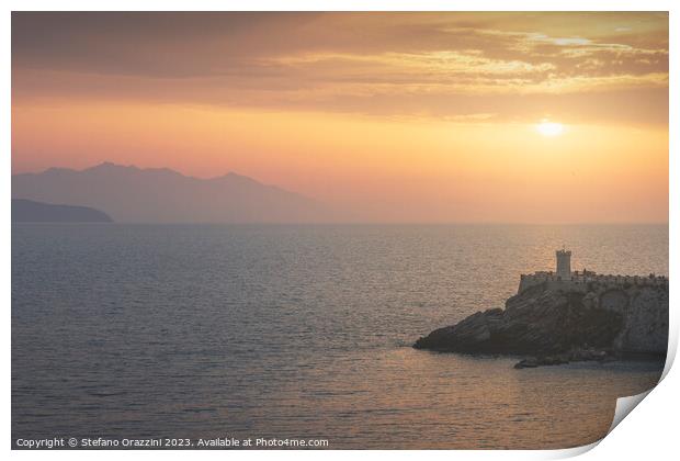 Lighthouse of Piombino at sunset and Elba island. Print by Stefano Orazzini