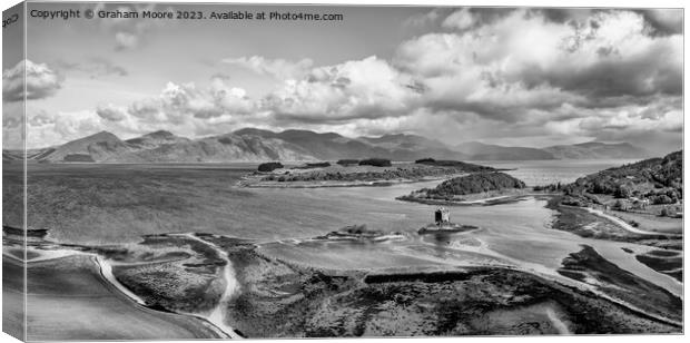 Castle Stalker elevated panorama monochrome Canvas Print by Graham Moore