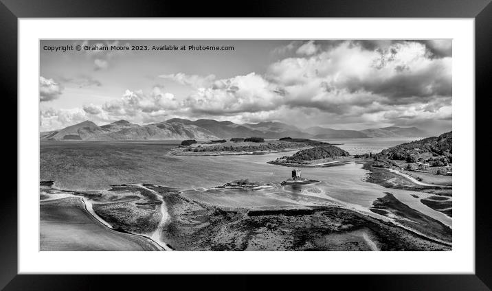 Castle Stalker elevated panorama monochrome Framed Mounted Print by Graham Moore