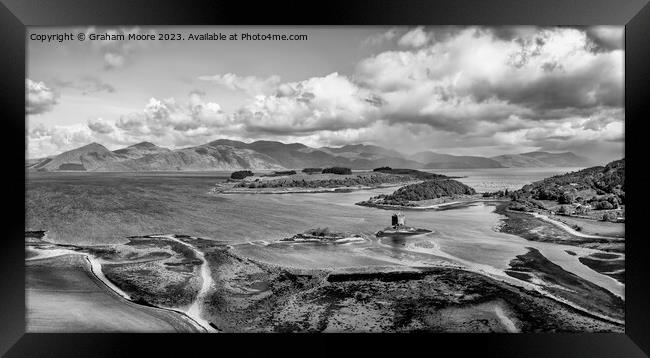 Castle Stalker elevated panorama monochrome Framed Print by Graham Moore