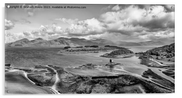 Castle Stalker elevated panorama monochrome Acrylic by Graham Moore