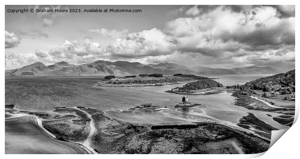 Castle Stalker elevated panorama monochrome Print by Graham Moore