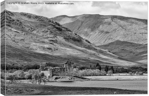 Kilchurn Castle from shore monochrome Canvas Print by Graham Moore